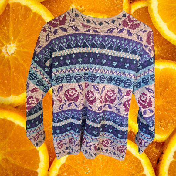 Vintage Medallion Colorful Knit Sweater with Rose Pattern‎ - Picture 3 of 7